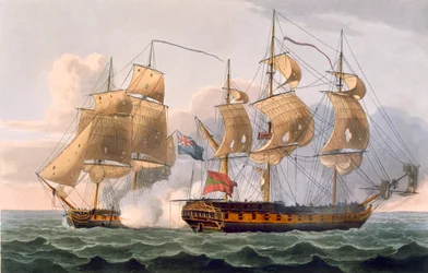 Zdobycie Ligurii, 7 sierpnia 1798, grawerowane przez Thomasa Sutherlanda dla "Naval Achievements" J. Jenkinsa, 1816 (kolorowe grawerowanie)